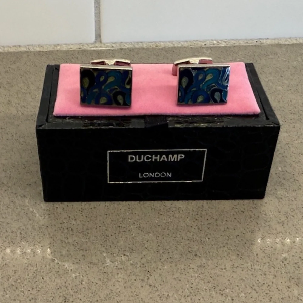 Men's Duchamp London Silver Paisley Blue & Purple Cufflinks -EUC